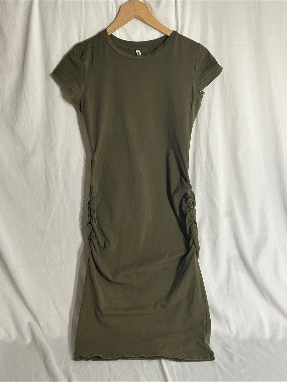Women’s Olive Crewneck Ruched Side Tee Dress